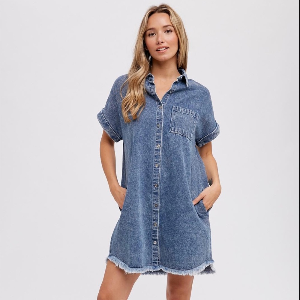 Bluivy Frayed Hem Denim Shirt Dress Available in Medium & Large
